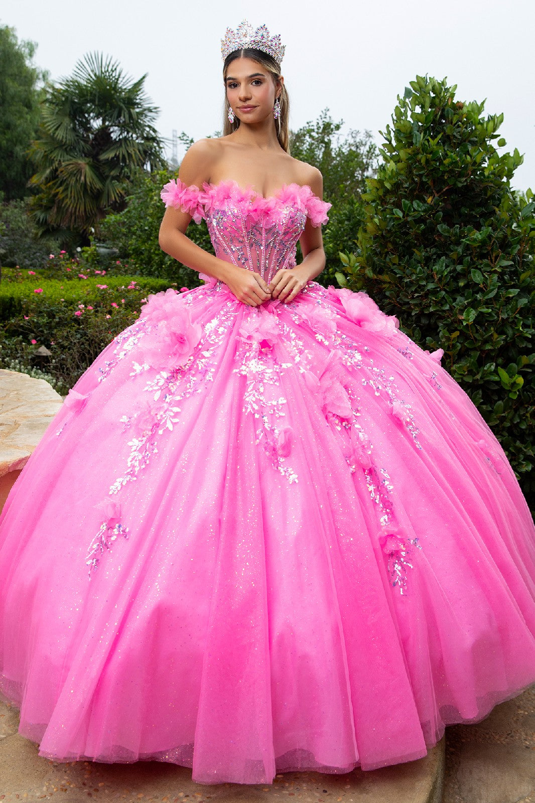 Glitter Long Ball Gown Corset Quinceanera Dress - Pink / 3XL Glitter Long Ball Gown Corset Quinceanera Dress - Pink / 3XL