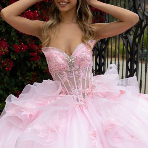 Long Ball Gown Glitter Applique Quinceanera Dress - Baby Pink / L