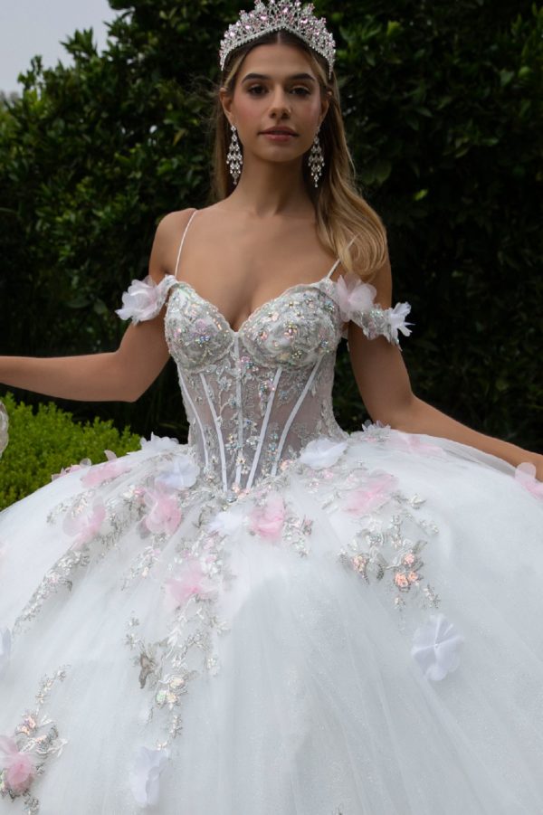 Quinceniera Dresses Long Applique Ball Gown Glitter Sequin Quinceanera Dress Off White/Pink