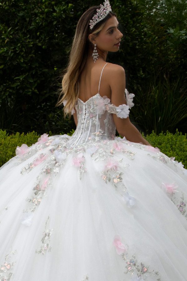Quinceniera Dresses Long Applique Ball Gown Glitter Sequin Quinceanera Dress Off White/Pink