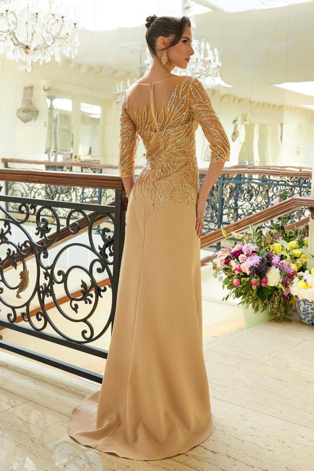 slim fit dress slacks Gold Jacquard Boat Neck Tea-Length Mother of Bride Dress main image 0