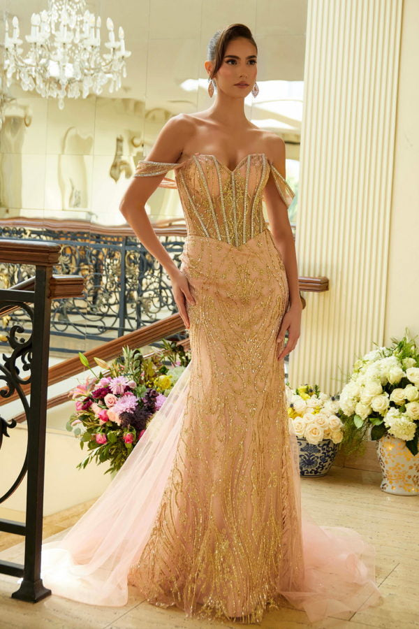 Prom Glitter Long Fitted Formal Overskirt Dress