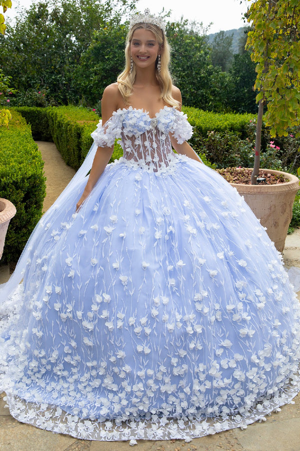 Long Quinceaneara Dress 3D Floral Applique Glitter Ball Gown