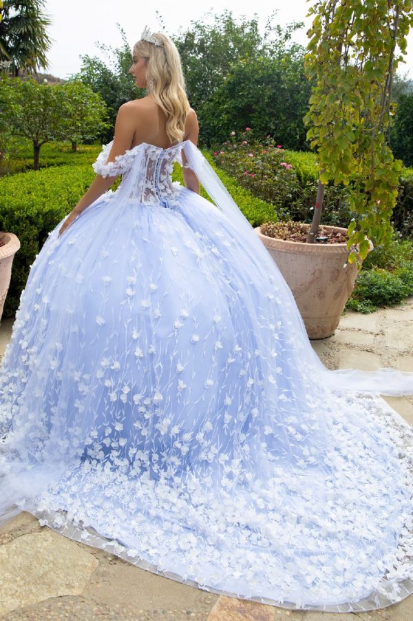 Long Quinceaneara Dress 3D Floral Applique Glitter Ball Gown