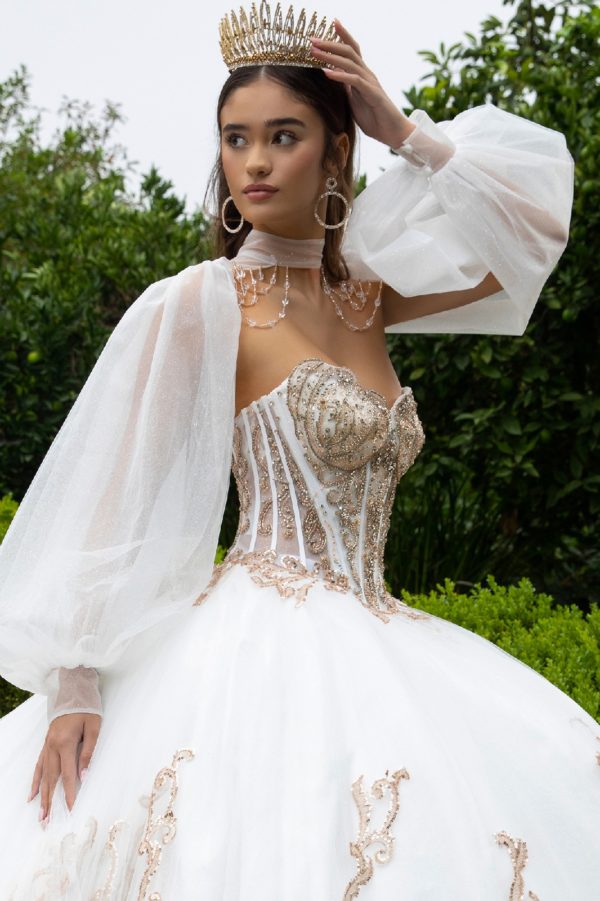 white gold sweet 16 dresses Sweet 16 Long Ball Gown Quinceanera Sequin Dress