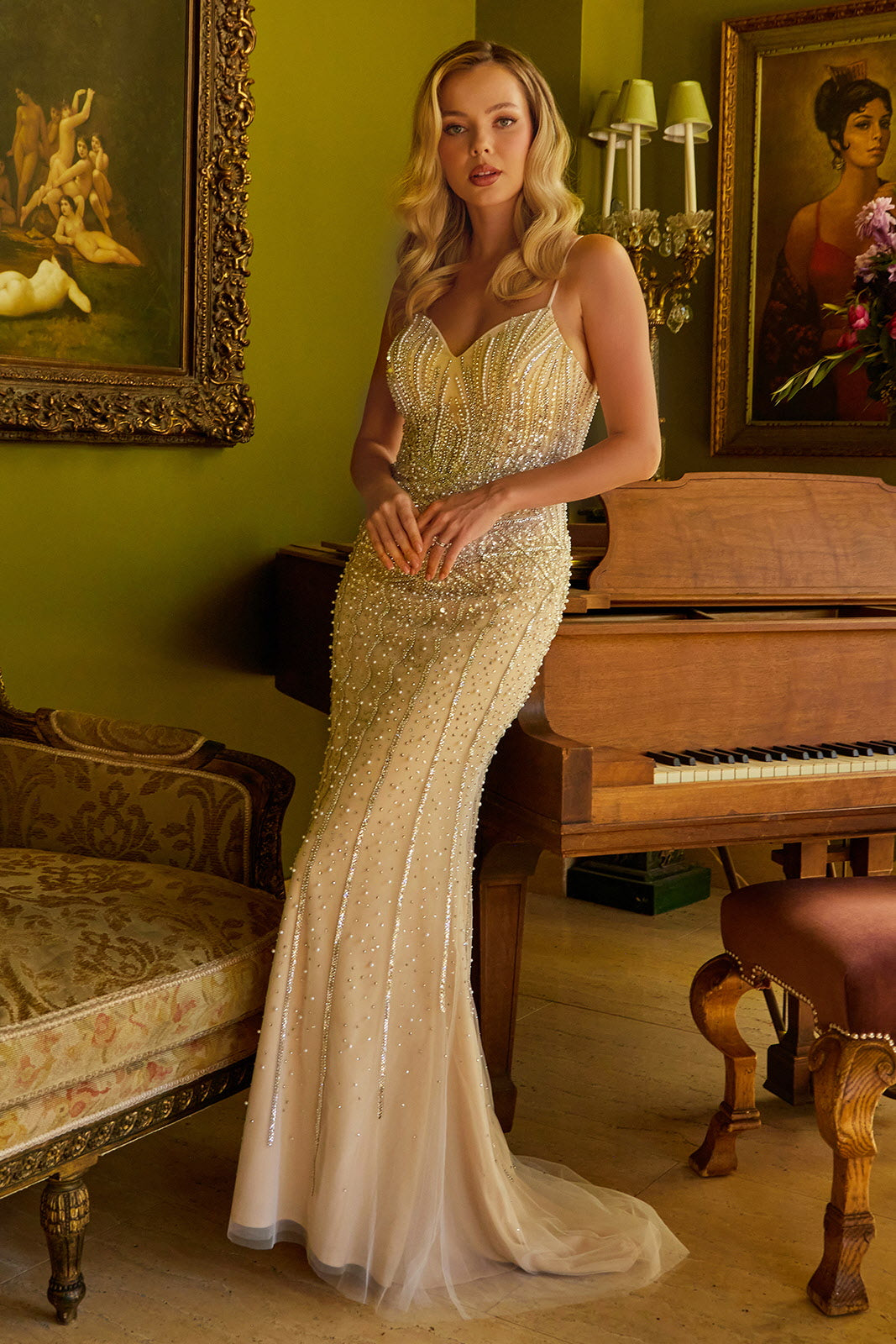 Long Beaded Sequin Formal Fitted Prom Dress - Champagne/Nude / M Long Beaded Sequin Formal Fitted Prom Dress - Champagne/Nude / M