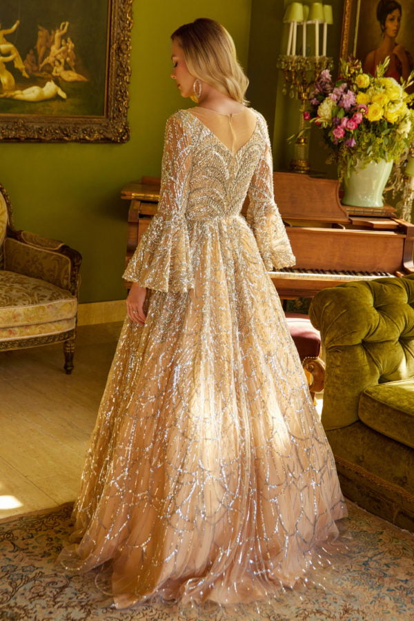 Prom Dresses A Line Long Sleeve Sequin Formal Dress Gold