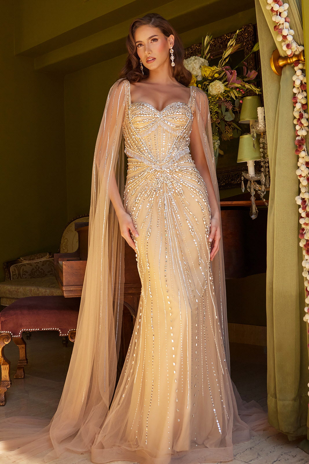 Prom Dresses Prom Long Fitted Formal Beaded Fringe Cape Dress Gold