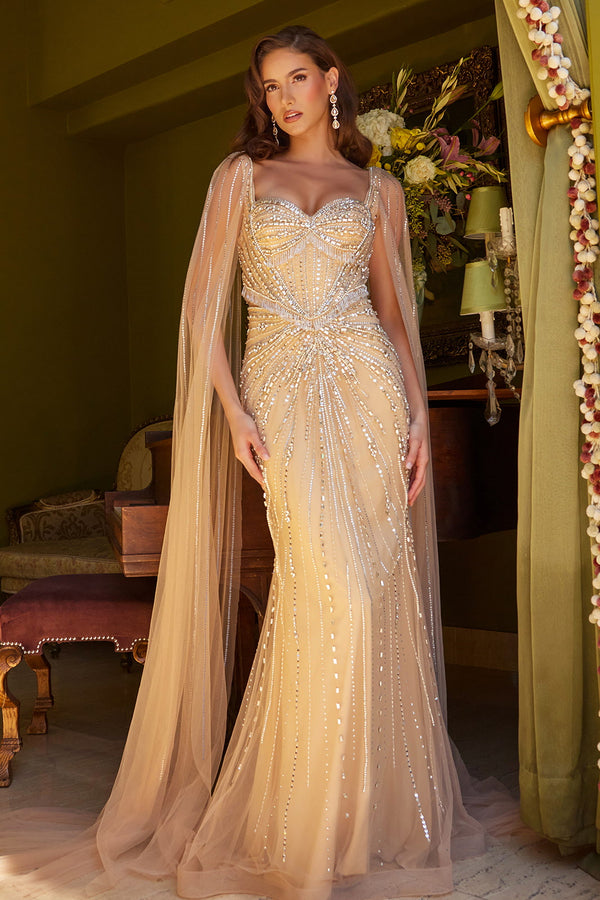 Long Fitted Formal Beaded Fringe Cape Dress - Gold / S Long Fitted Formal Beaded Fringe Cape Dress - Gold / S