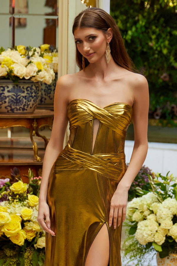 Fitted Prom Long Metallic Formal Dress