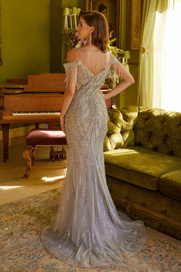 Formal Dresses Fitted Long Formal Beaded Sequin Prom Dress Silver
