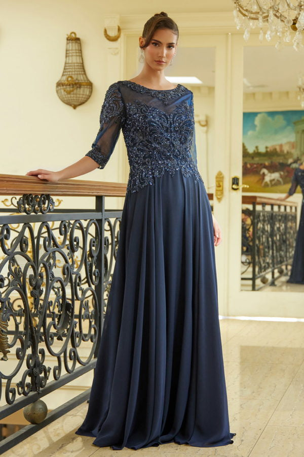 Long Formal A Line Modest Mother of the Bride Dress - Navy / L Long Formal A Line Modest Mother of the Bride Dress - Navy / L