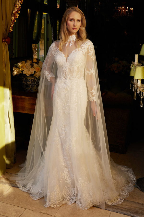 Long Sleeve Mermaid Bridal Gown Cape Wedding Dress - Off White / S Long Sleeve Mermaid Bridal Gown Cape Wedding Dress - Off White / S