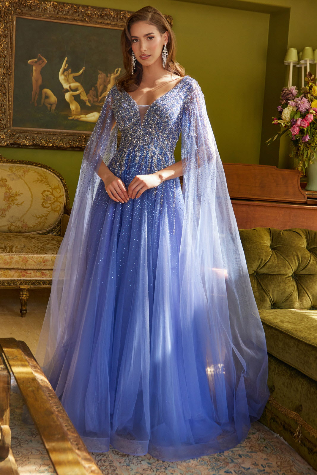 Long A Line Beaded Sequin Cape Sleeve Formal Dress