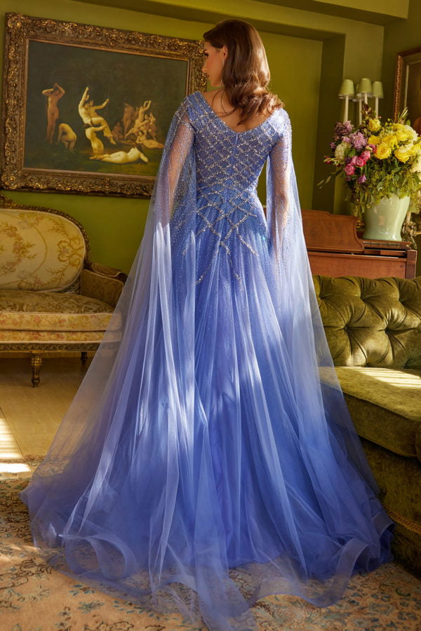 Long A Line Beaded Sequin Cape Sleeve Formal Dress