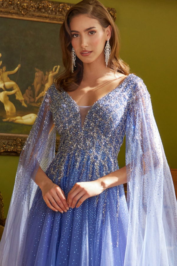 Long A Line Beaded Sequin Cape Sleeve Formal Dress - Olive / L Long A Line Beaded Sequin Cape Sleeve Formal Dress - Olive / L
