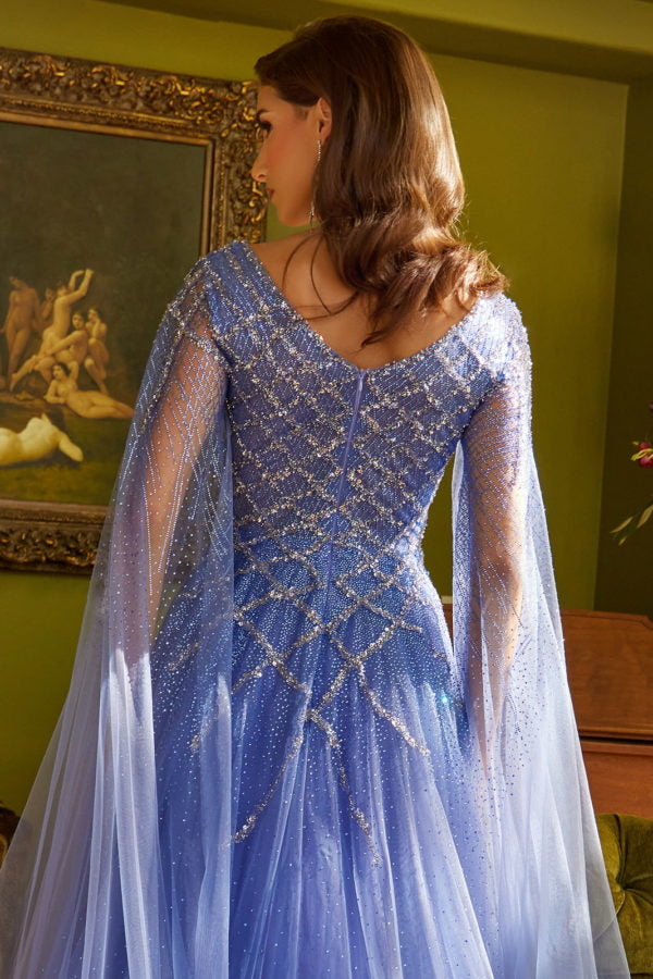 Long A Line Beaded Sequin Cape Sleeve Formal Dress