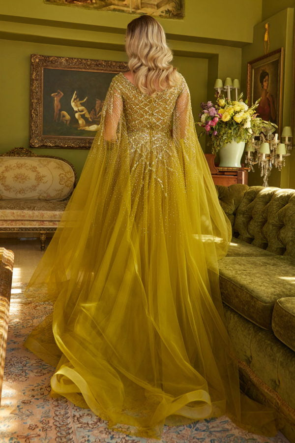 Long A Line Beaded Sequin Cape Sleeve Formal Dress