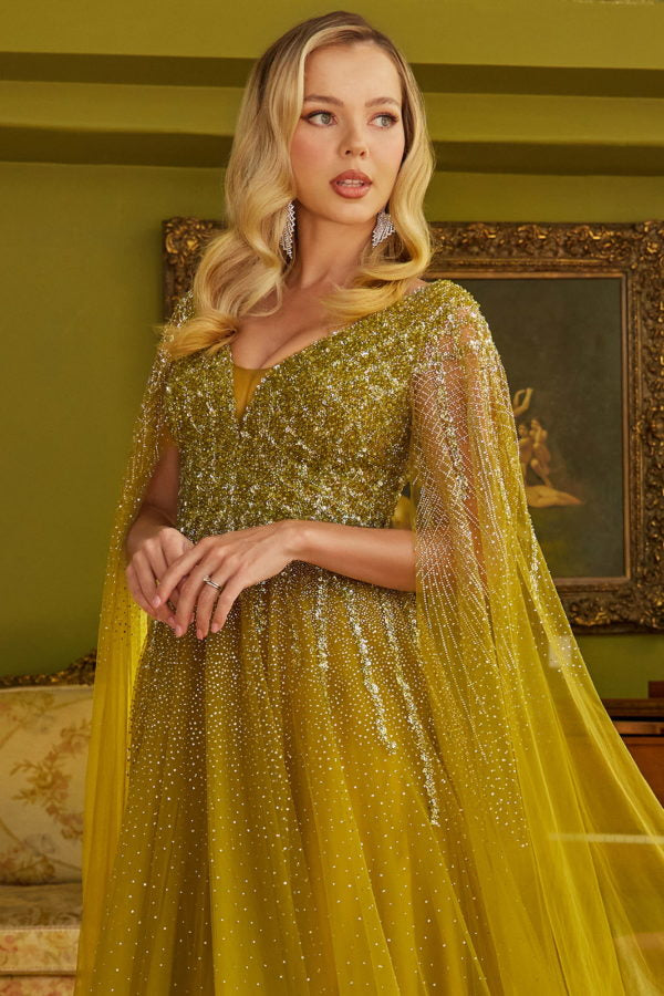 Long A Line Beaded Sequin Cape Sleeve Formal Dress