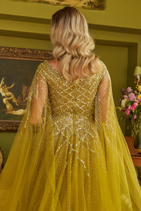 Long A Line Beaded Sequin Cape Sleeve Formal Dress - Olive / L