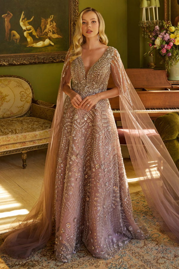 A Line Long Formal Sequin Cape Sleeve Dress - Mauve / L A Line Long Formal Sequin Cape Sleeve Dress - Mauve / L