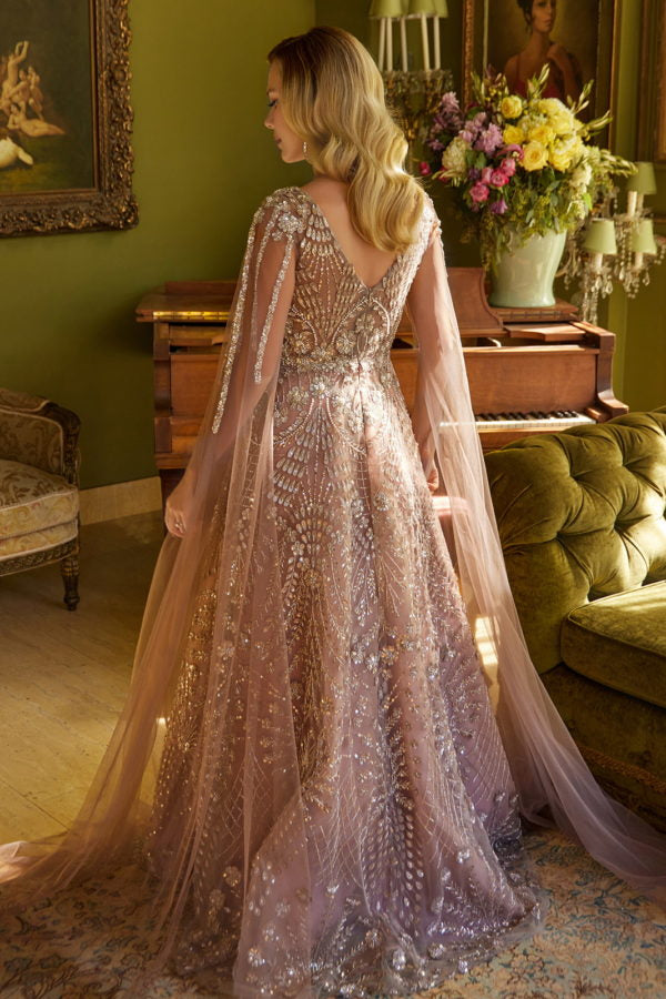 Formal Dresses A Line Long Formal Sequin Cape Sleeve Dress Mauve