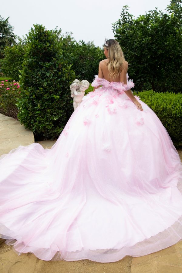 Glitter Pink 3D Floral Lace Off Shoulder Ball Gown Quinceanera Dress