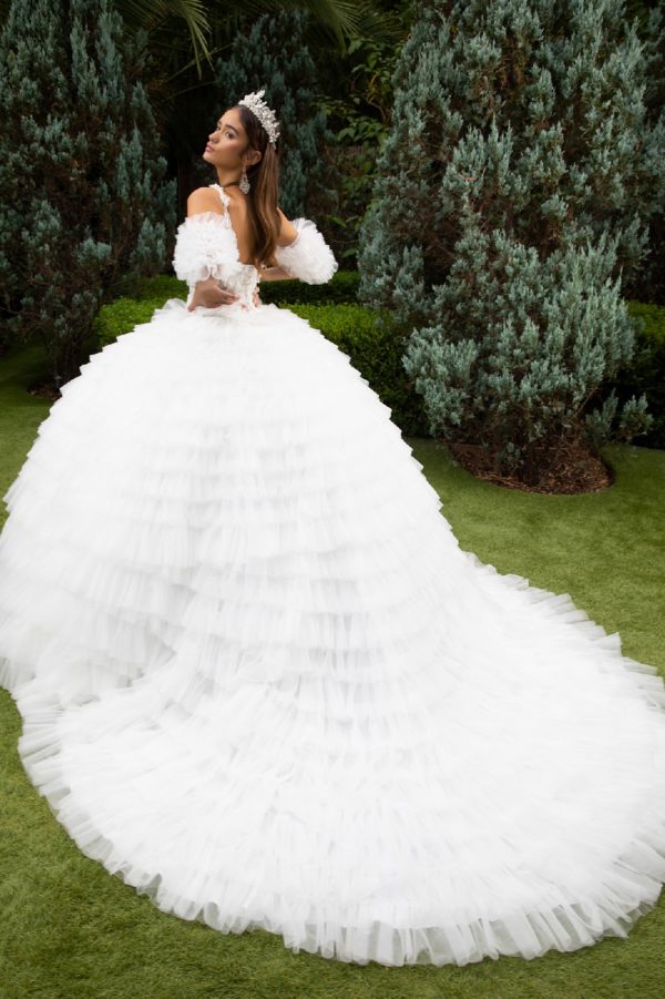 Long Ball Gown 3D Applique Detachable Sleeve Quinceanera Dress