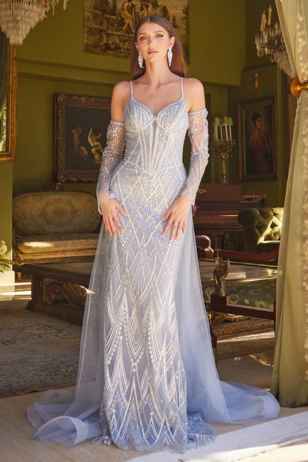 Fitted Long Formal Glitter Overskirt Prom Dress - Smoky Blue / XS Fitted Long Formal Glitter Overskirt Prom Dress - Smoky Blue / XS