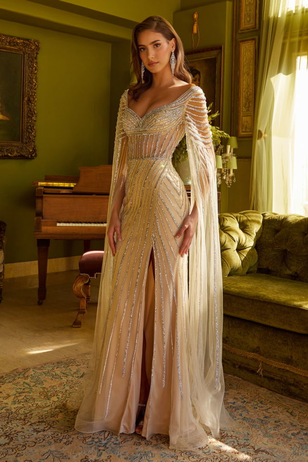 Long Formal Cape Sleeve Prom Dress