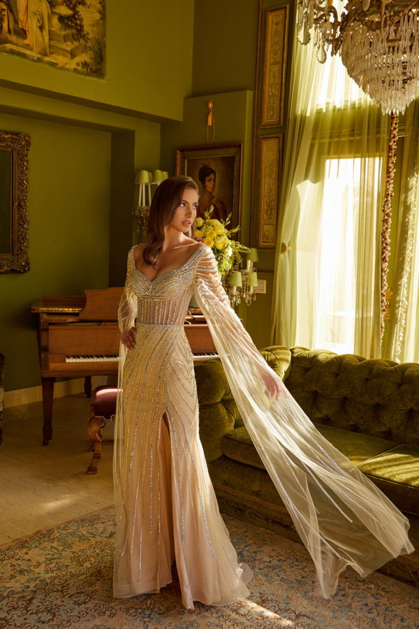 Long Formal Cape Sleeve Prom Dress