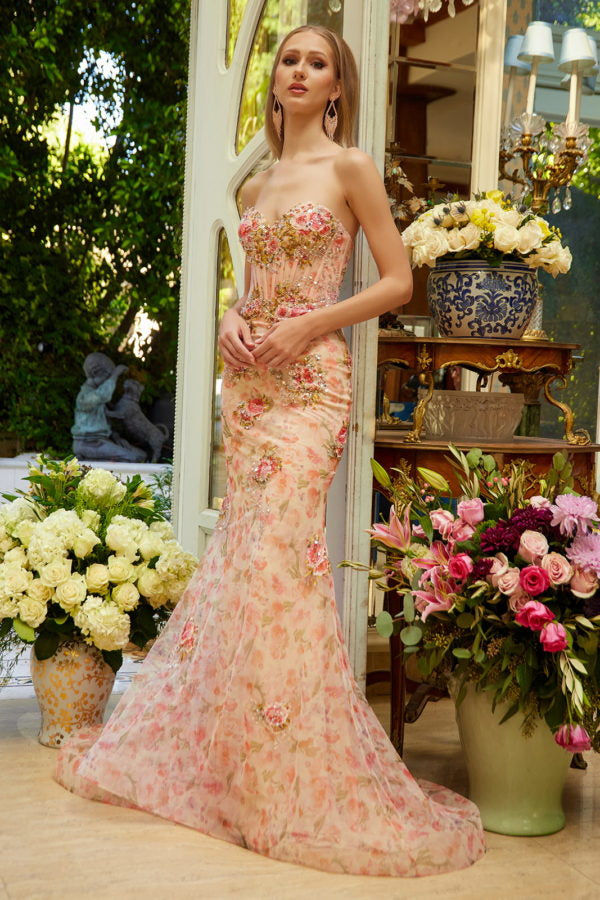 Long Fitted Floral Applique Formal Sequin Prom Dress