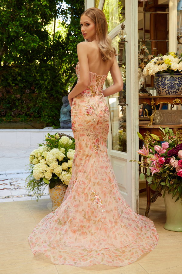 Long Fitted Floral Applique Formal Sequin Prom Dress