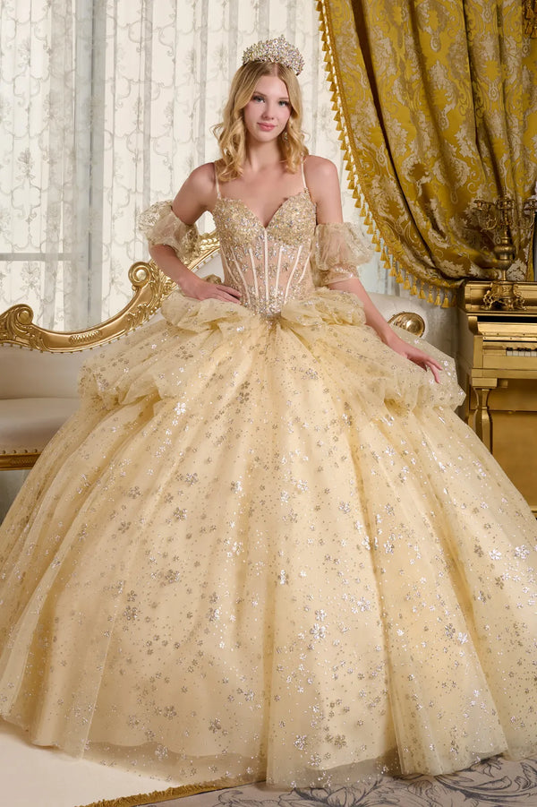 Glitter Long Ball Gown Metallic Sequin Quinceanera Dress