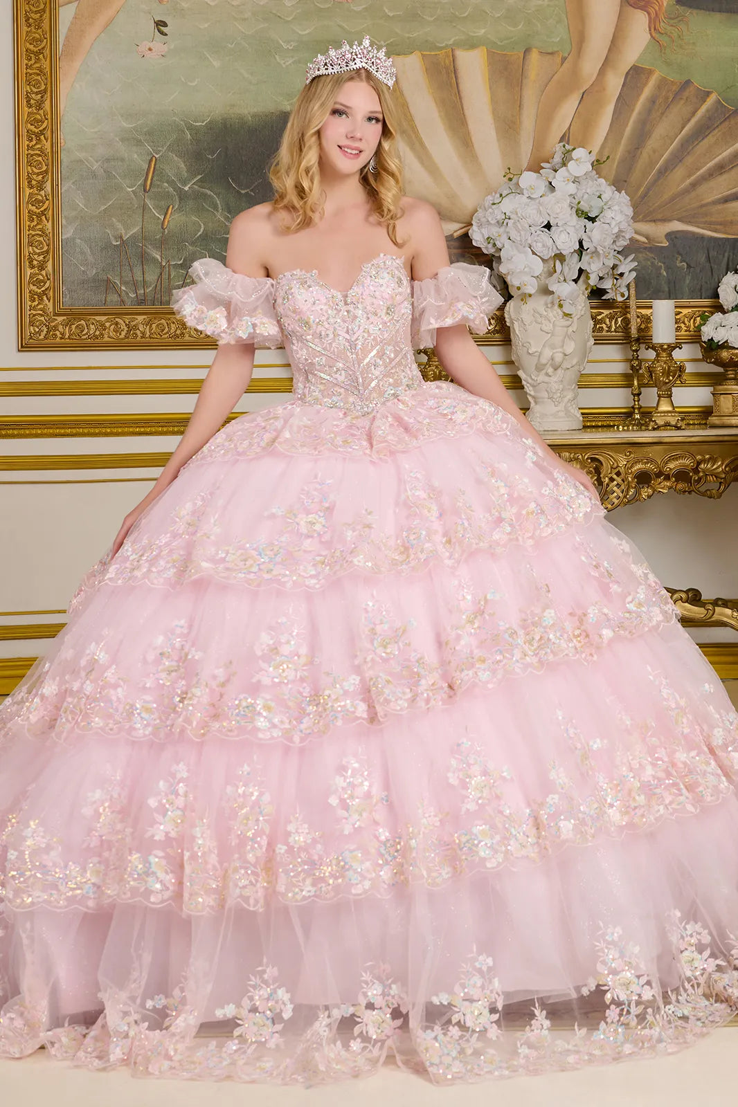 Quinceanera Dress Glitter Corset Long Ball Gown - Baby Pink / M Quinceanera Dress Glitter Corset Long Ball Gown - Baby Pink / M