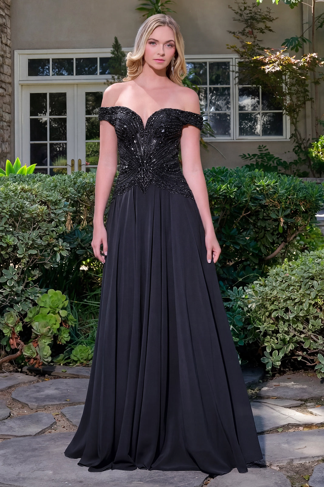 Off-Shoulder Long Chiffon Prom Dress by GLS GL3738 in BLACK