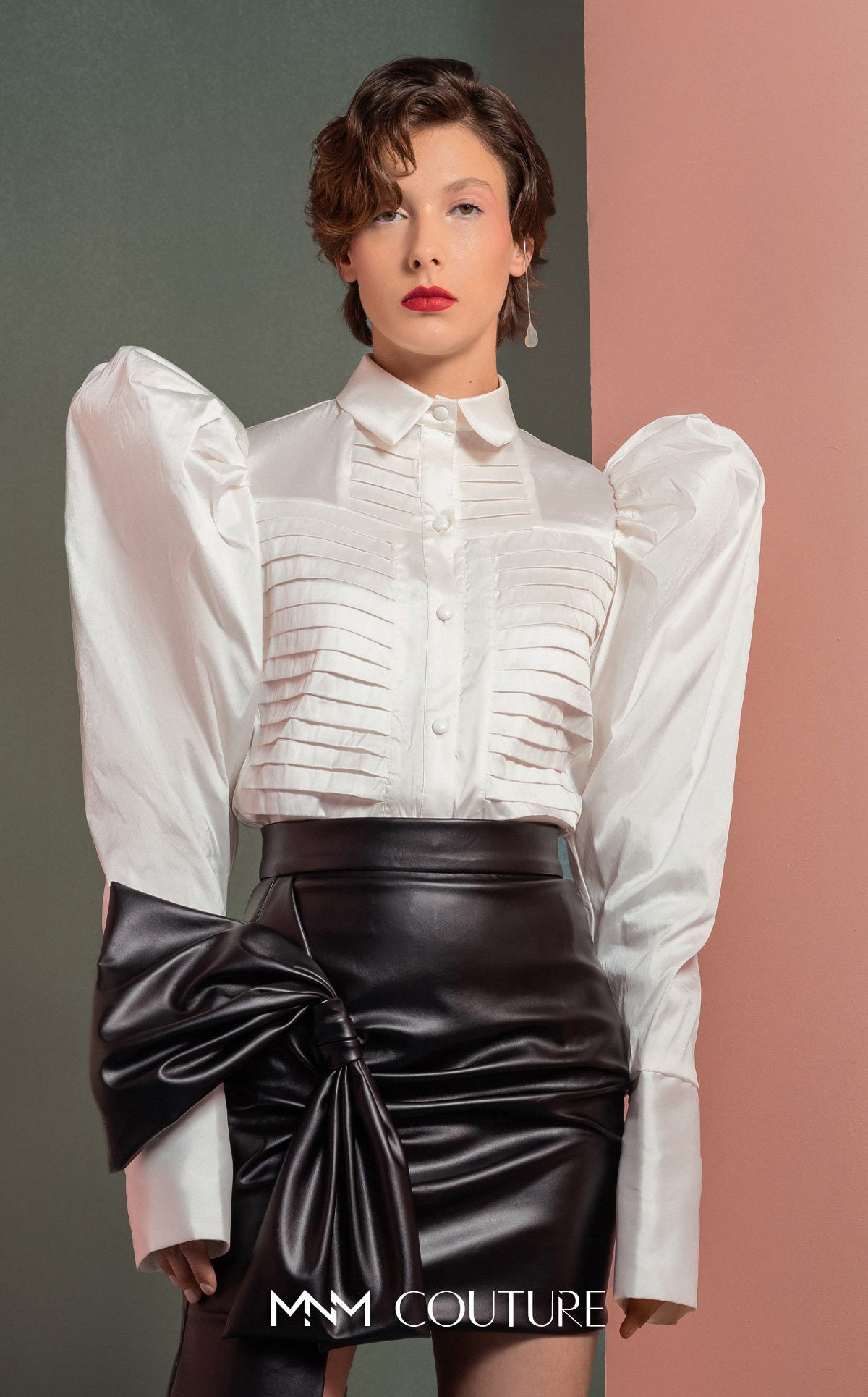 Collared Long Sleeve Satin Cocktail Dress by MNM Couture GOF2502 in Black/White