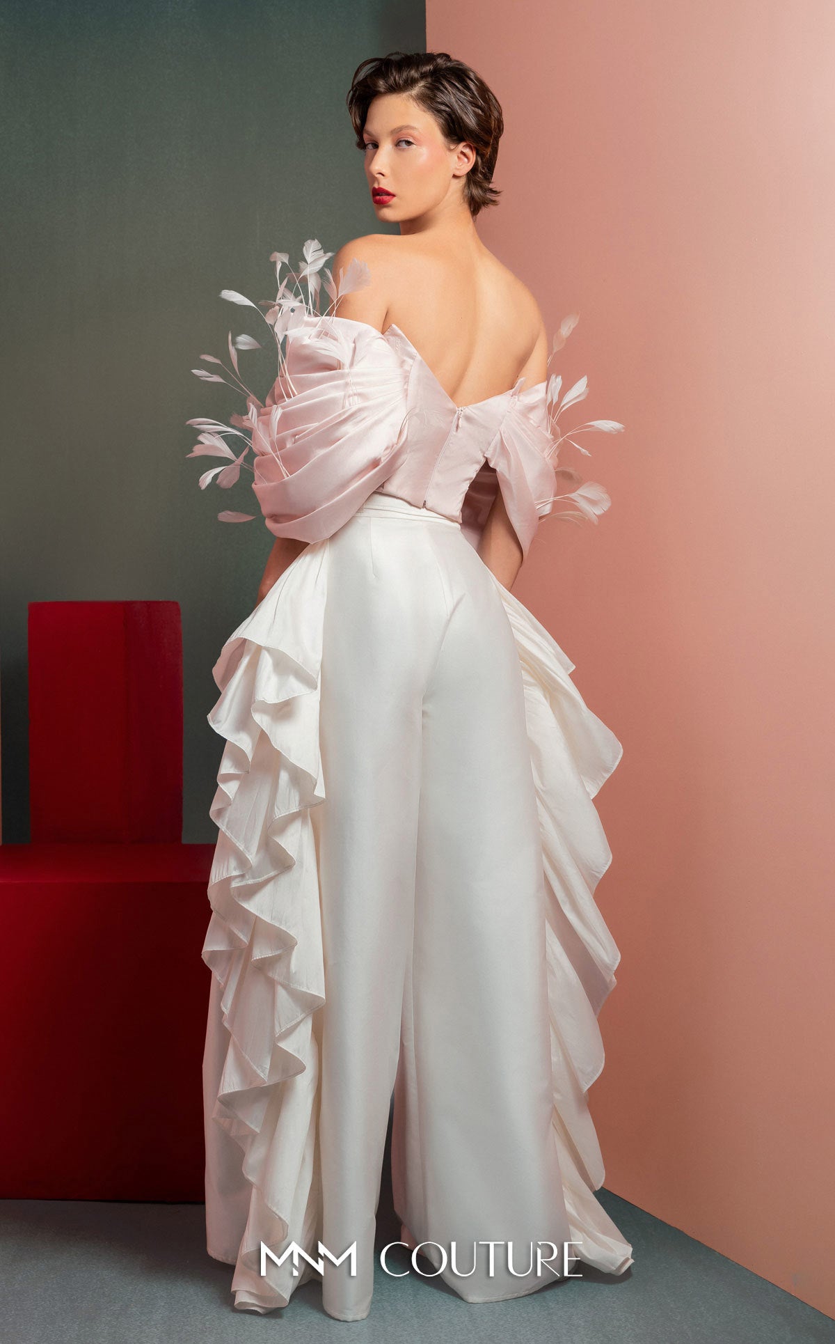 Pant Suit Ruffle Long Evening Pant Suit MNM Couture GOF2504 Pink/Offwhite