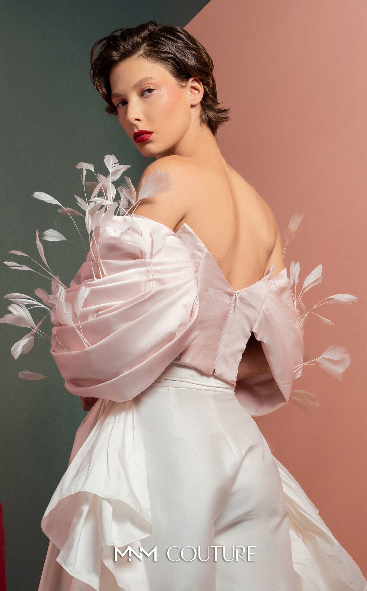 Pant Suit Ruffle Long Evening Pant Suit MNM Couture GOF2504 Pink/Offwhite