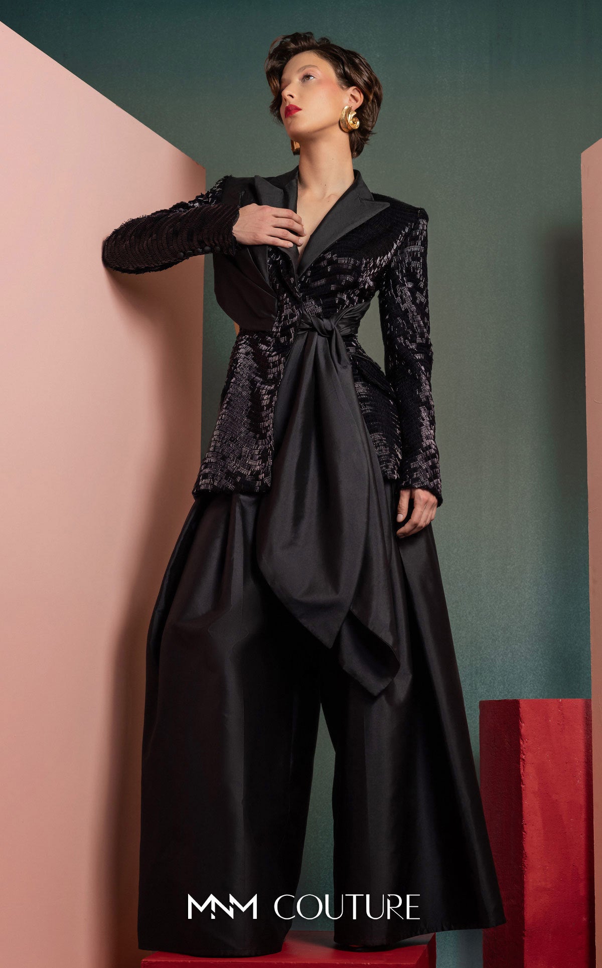 Notched Collar Long Satin Jumpsuit by MNM Couture GOF2505 in Black