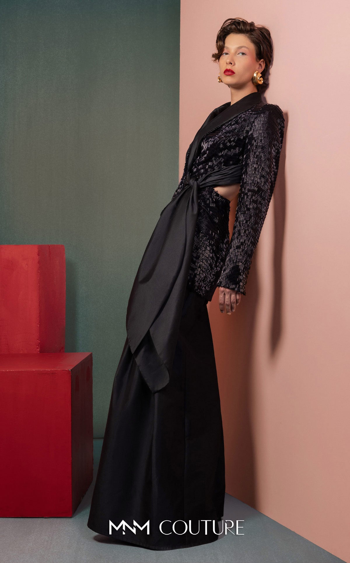 Notched Collar Long Satin Jumpsuit by MNM Couture GOF2505 in Black