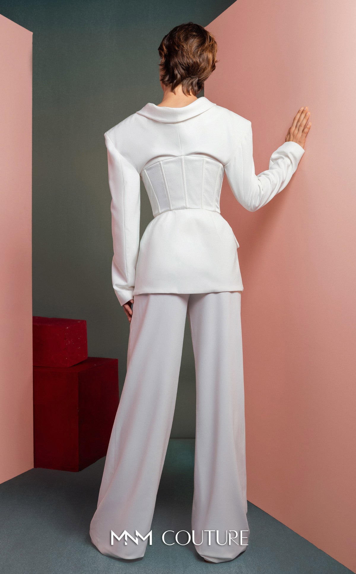 Collared Long Sleeve Pant Suit by MNM Couture GOF2514 in Off White
