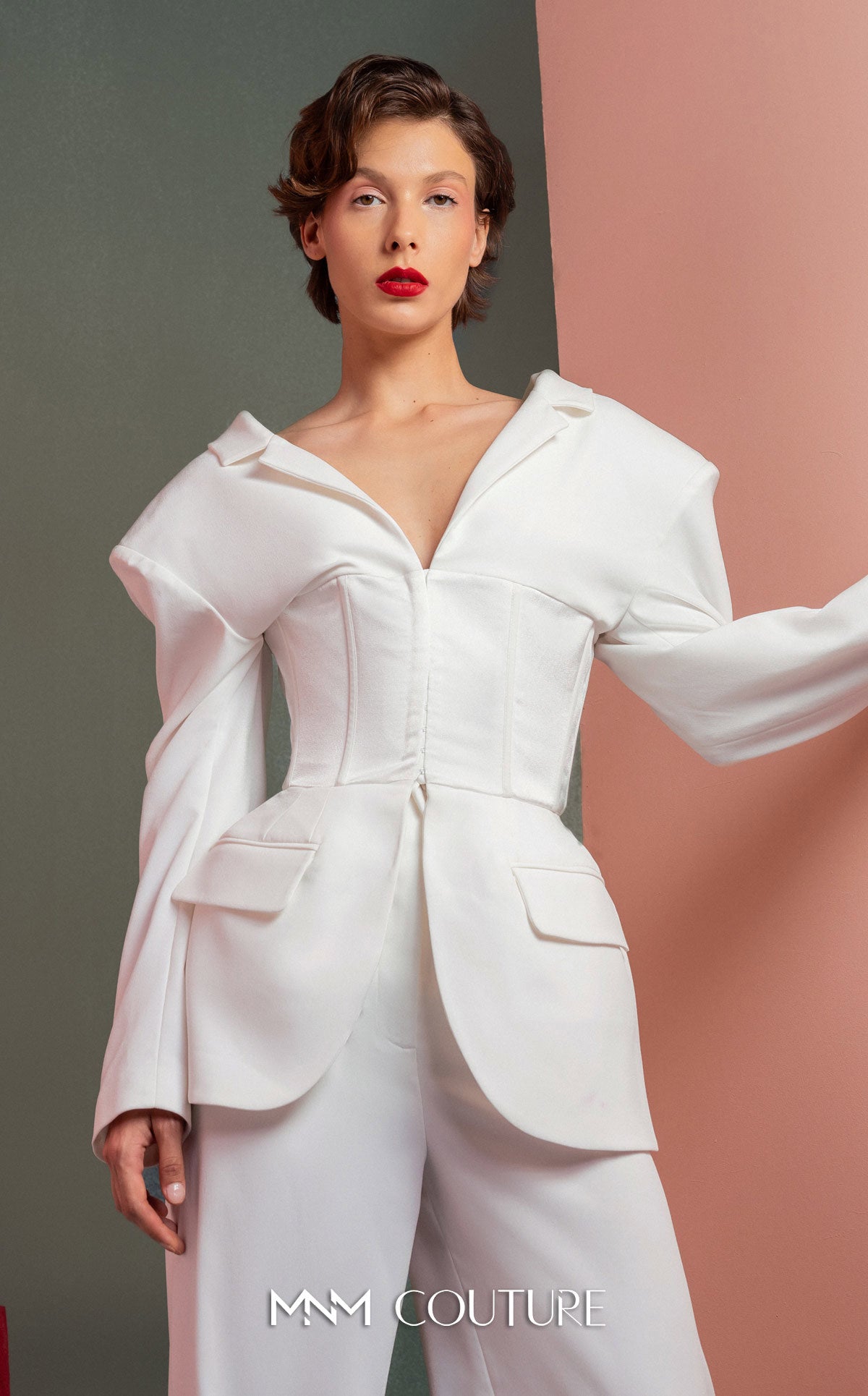 Collared Long Sleeve Pant Suit by MNM Couture GOF2514 in Off White
