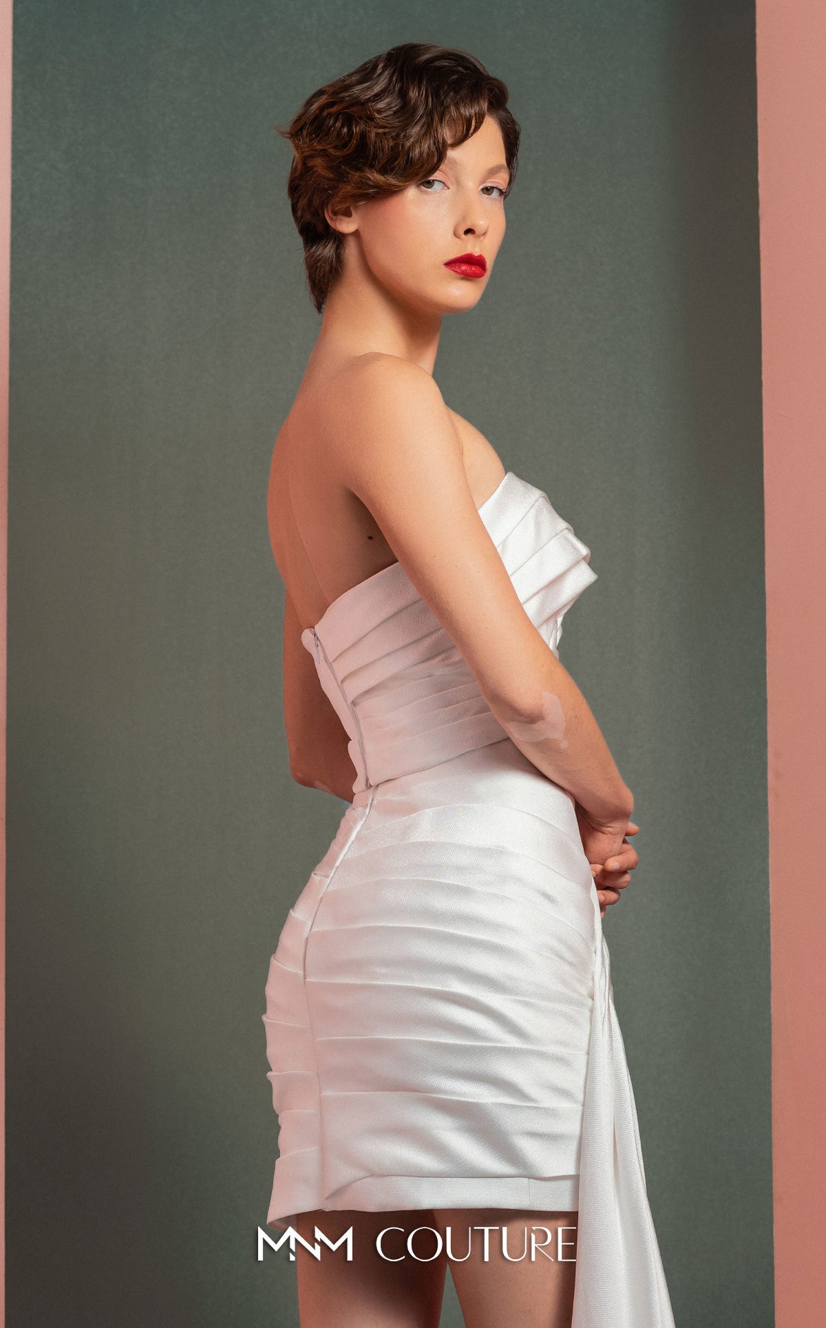 Cocktail Dresses Short Cocktail Pleated Two Piece Dress MNM Couture GOF2515 Off White