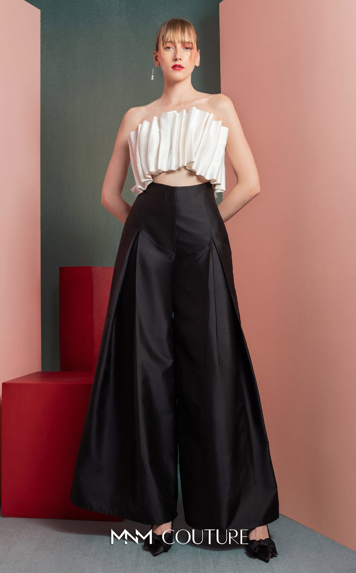 Strapless Full Length Satin Pant Suit by MNM Couture GOF2516 in Black/White