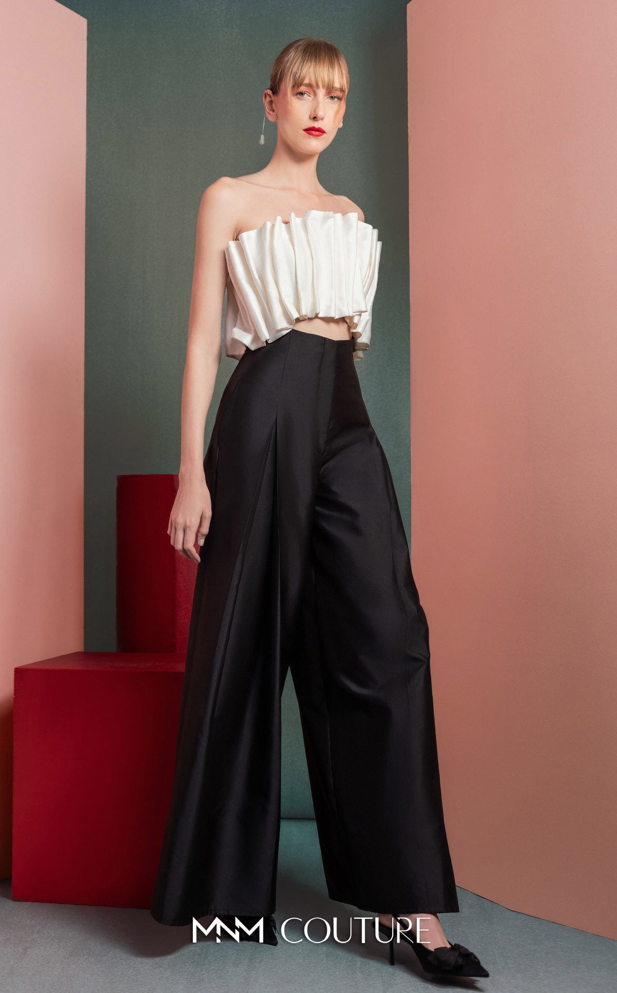 Strapless Full Length Satin Pant Suit by MNM Couture GOF2516 in Black/White