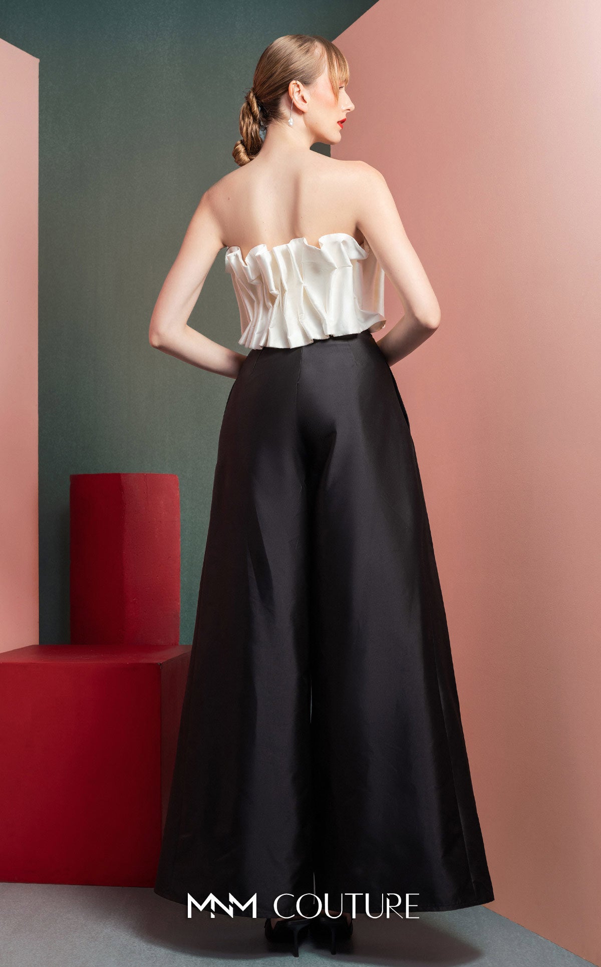 Strapless Full Length Satin Pant Suit by MNM Couture GOF2516 in Black/White