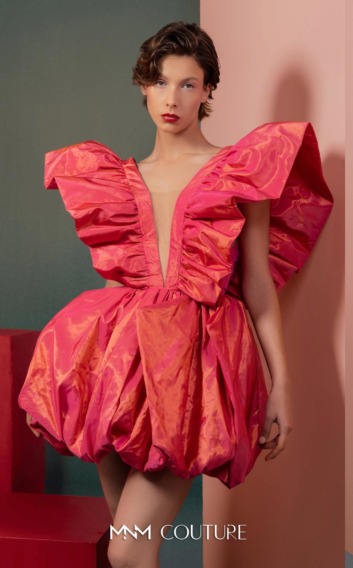 V-Neck Short Taffeta Cocktail Dress by MNM Couture GOF2518 in Coral