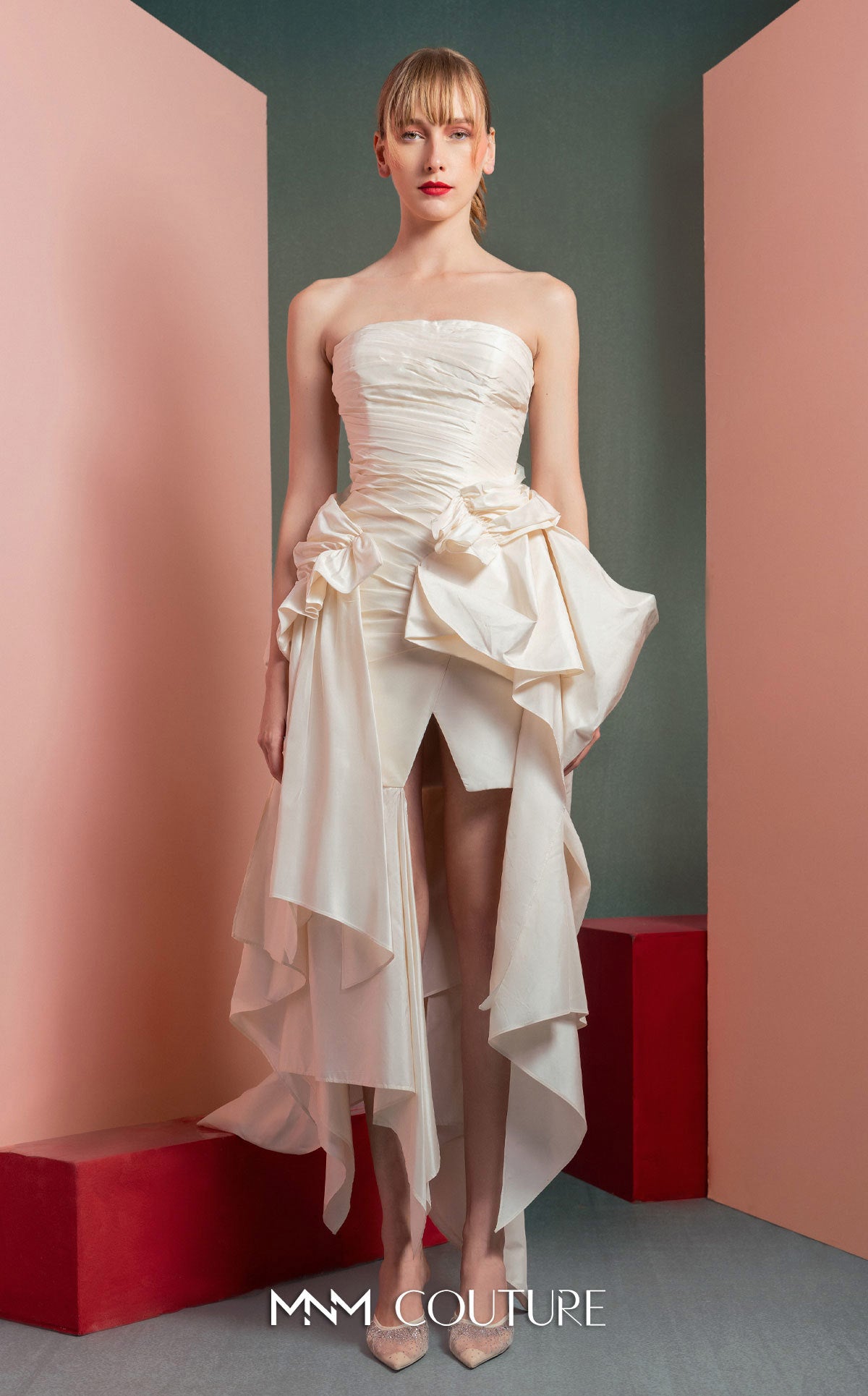 Cocktail Dresses High Low Cocktail Evening Ruffle Dress MNM Couture GOF2519 Off White