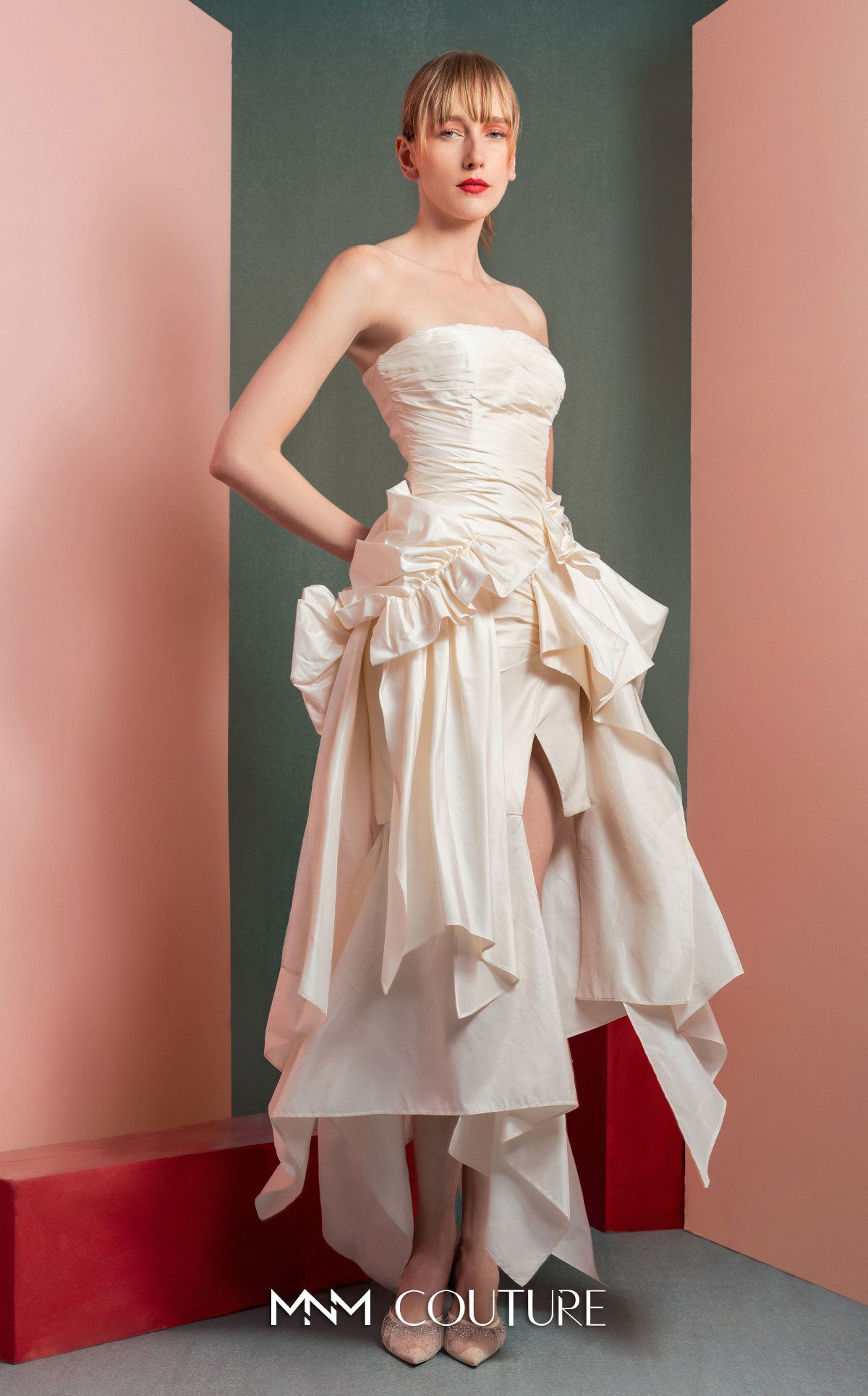 Cocktail Dresses High Low Cocktail Evening Ruffle Dress MNM Couture GOF2519 Off White
